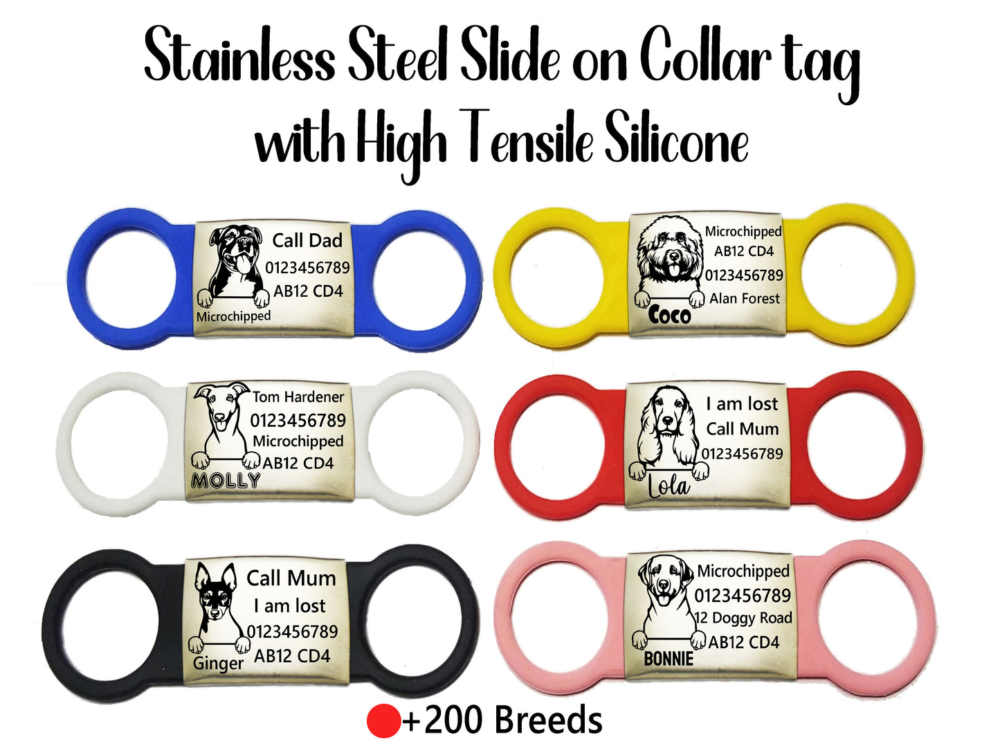 SUCRE Laser Engraved Dog Tags and Cat Tag on Steel-Silicone Band Dog Tag, Slide-On Dog Tags for Pets Engraved UK in 6 Colors | Pet ID Tags for Dogs, Dog Accessories & Puppy Accessories