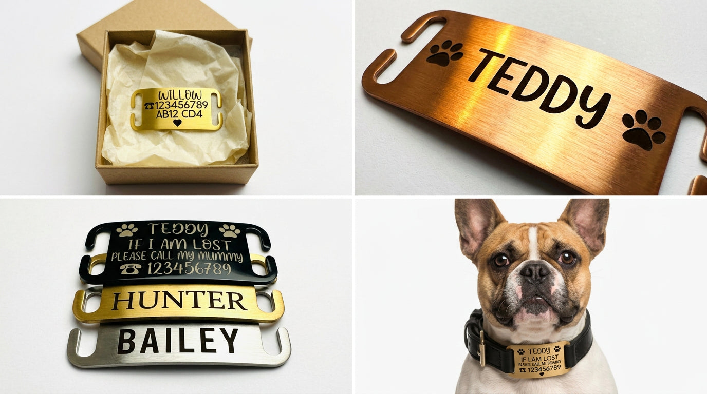 SUCRE Pet Tag Dog Tags for Pets Engraved UK, Slide On Stainless Steel Curved and Flat Personalised Dog Tag, Cat Collar with Name Tag, Dog tag Engraved and Dog Name Tags