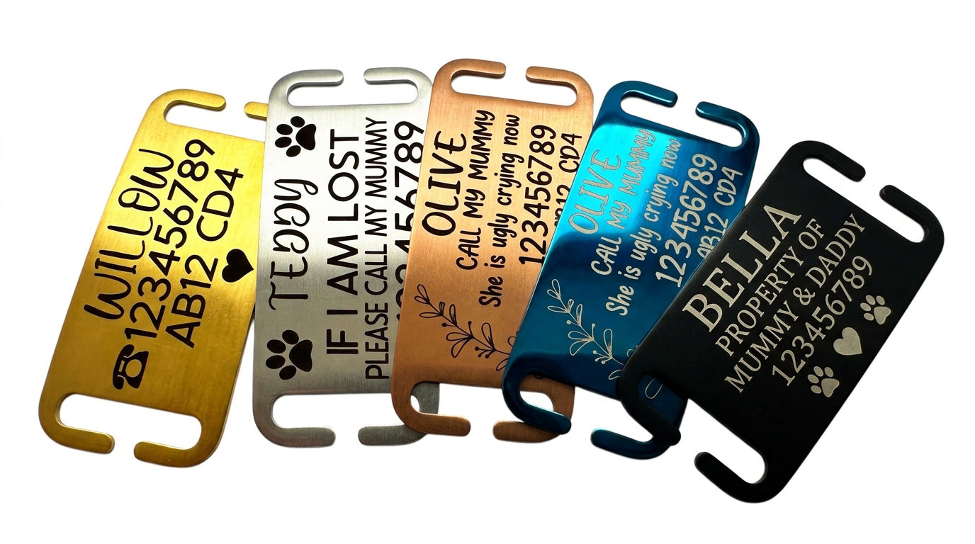 SUCRE Pet Tag Dog Tags for Pets Engraved UK, Slide On Stainless Steel Curved and Flat Personalised Dog Tag, Cat Collar with Name Tag, Dog tag Engraved and Dog Name Tags