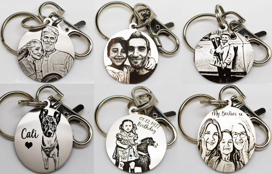 Double side Silver Gift Personalised Keyring design photo engraved Family Love Pet Dog Cat Sketch Draw Style