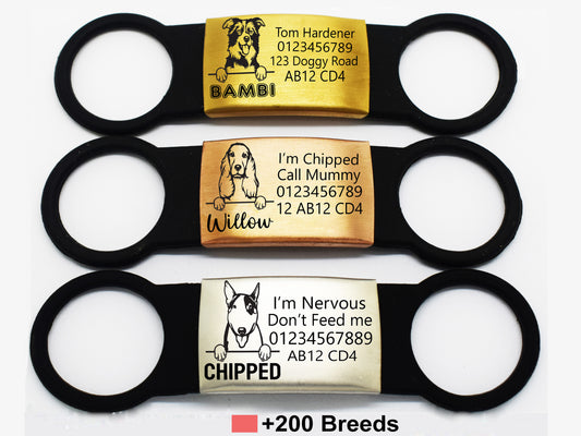 Slide On Collar Rectangle ID Name engraved Dog Breed name personalising engraving pet dog cat tag tags-Laser Engraving