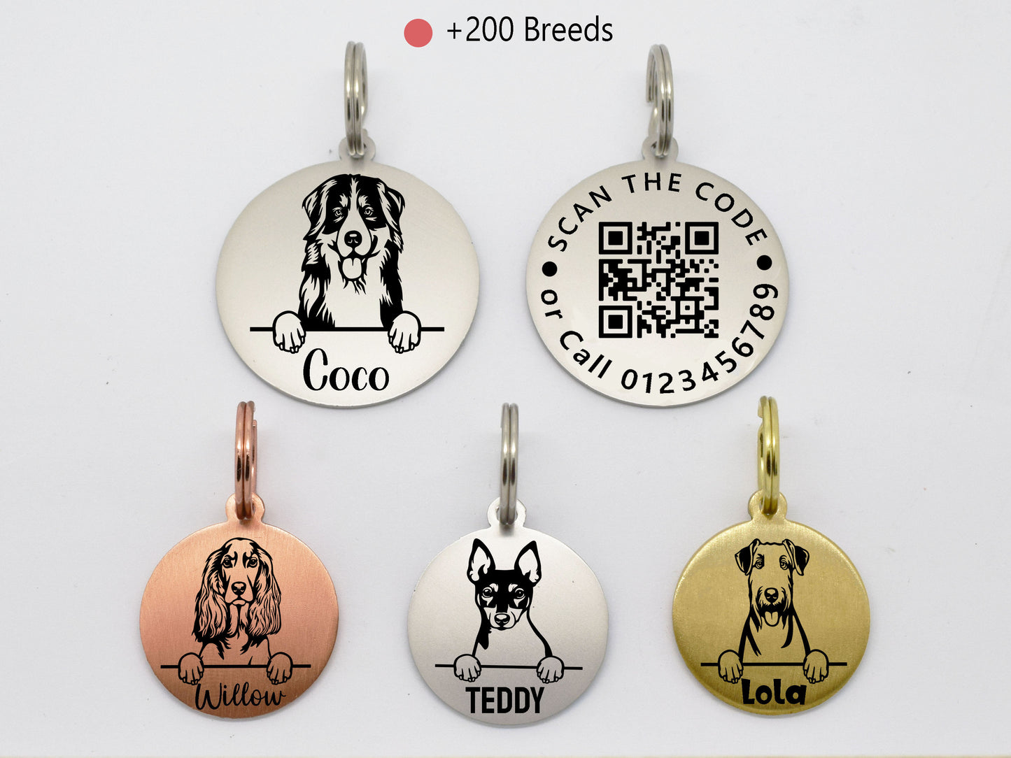 Sucre Tags Double side engraved ID name Dog Breed Face Round QR Code Supported Scan Disk personalising engraving pet dog tag tags-Laser Engraving + 1 Year QR App Subscription