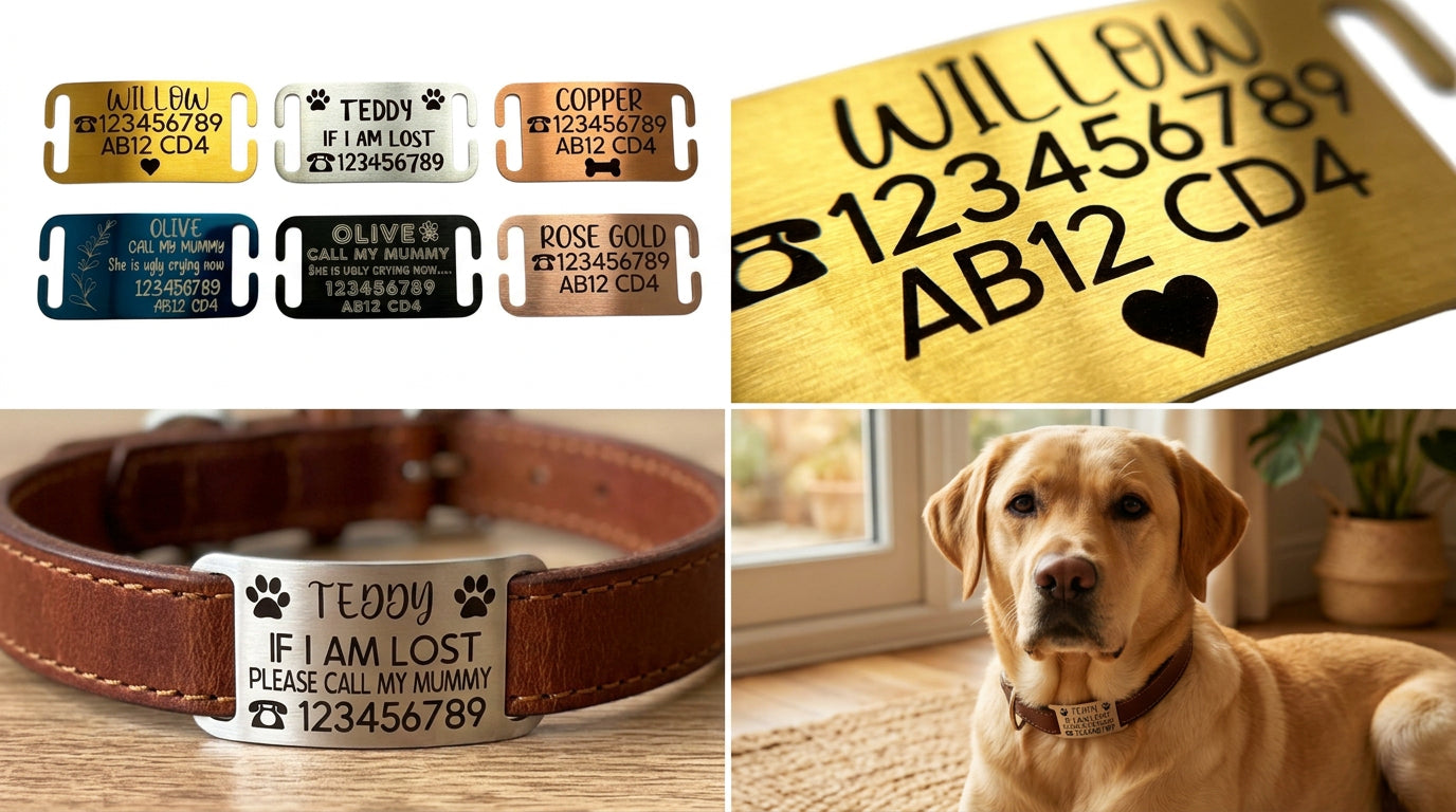 SUCRE Pet Tag Dog Tags for Pets Engraved UK, Slide On Stainless Steel Curved and Flat Personalised Dog Tag, Cat Collar with Name Tag, Dog tag Engraved and Dog Name Tags