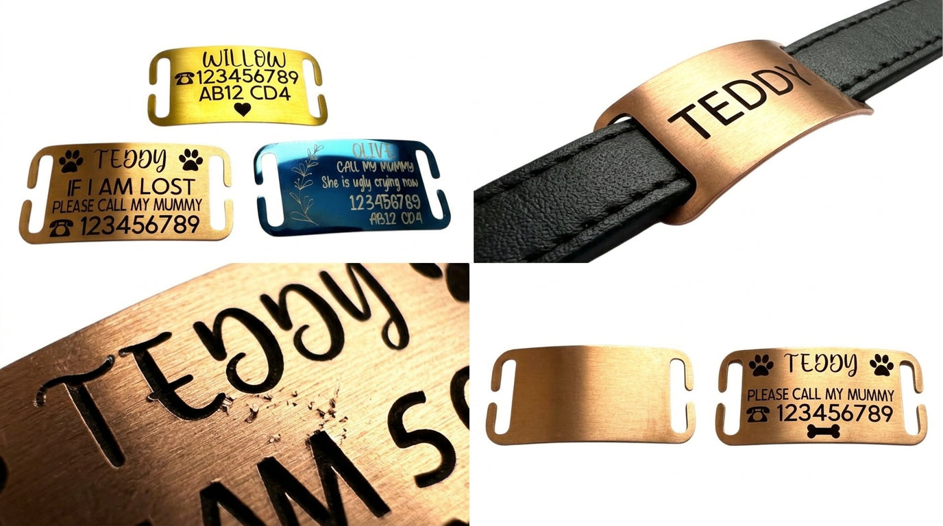 SUCRE Pet Tag Dog Tags for Pets Engraved UK, Slide On Stainless Steel Curved and Flat Personalised Dog Tag, Cat Collar with Name Tag, Dog tag Engraved and Dog Name Tags
