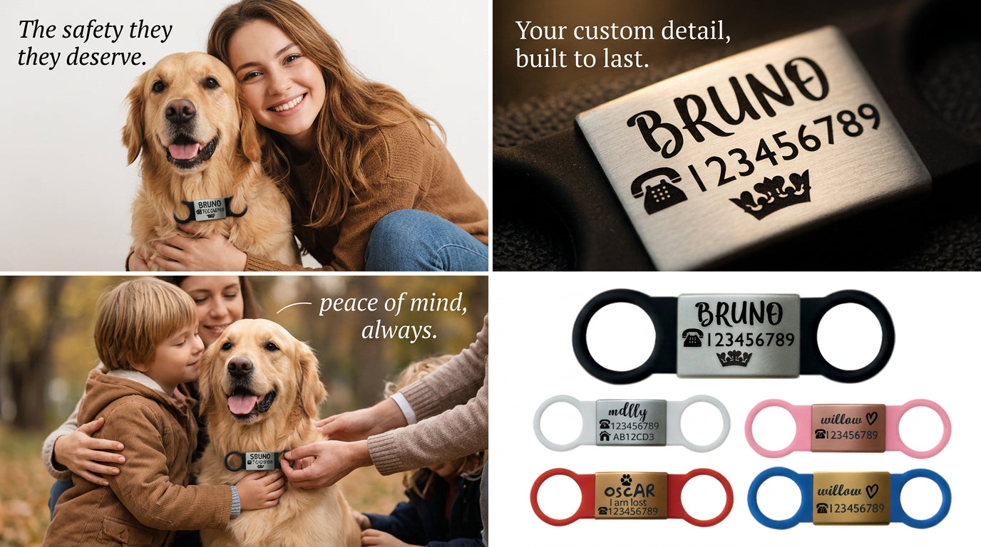 SUCRE Laser Engraved Dog Tags and Cat Tag on Steel-Silicone Band Dog Tag, Slide-On Dog Tags for Pets Engraved UK in 6 Colors | Pet ID Tags for Dogs, Dog Accessories & Puppy Accessories