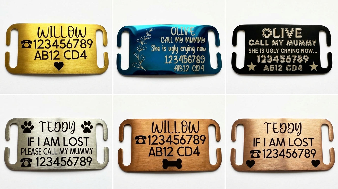 SUCRE Pet Tag Dog Tags for Pets Engraved UK, Slide On Stainless Steel Curved and Flat Personalised Dog Tag, Cat Collar with Name Tag, Dog tag Engraved and Dog Name Tags