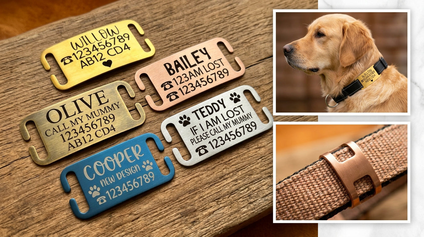 SUCRE Pet Tag Dog Tags for Pets Engraved UK, Slide On Stainless Steel Curved and Flat Personalised Dog Tag, Cat Collar with Name Tag, Dog tag Engraved and Dog Name Tags