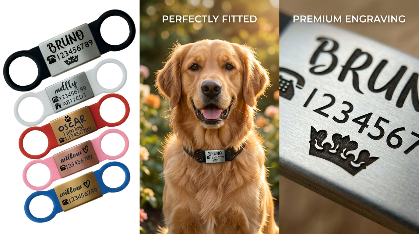 SUCRE Laser Engraved Dog Tags and Cat Tag on Steel-Silicone Band Dog Tag, Slide-On Dog Tags for Pets Engraved UK in 6 Colors | Pet ID Tags for Dogs, Dog Accessories & Puppy Accessories