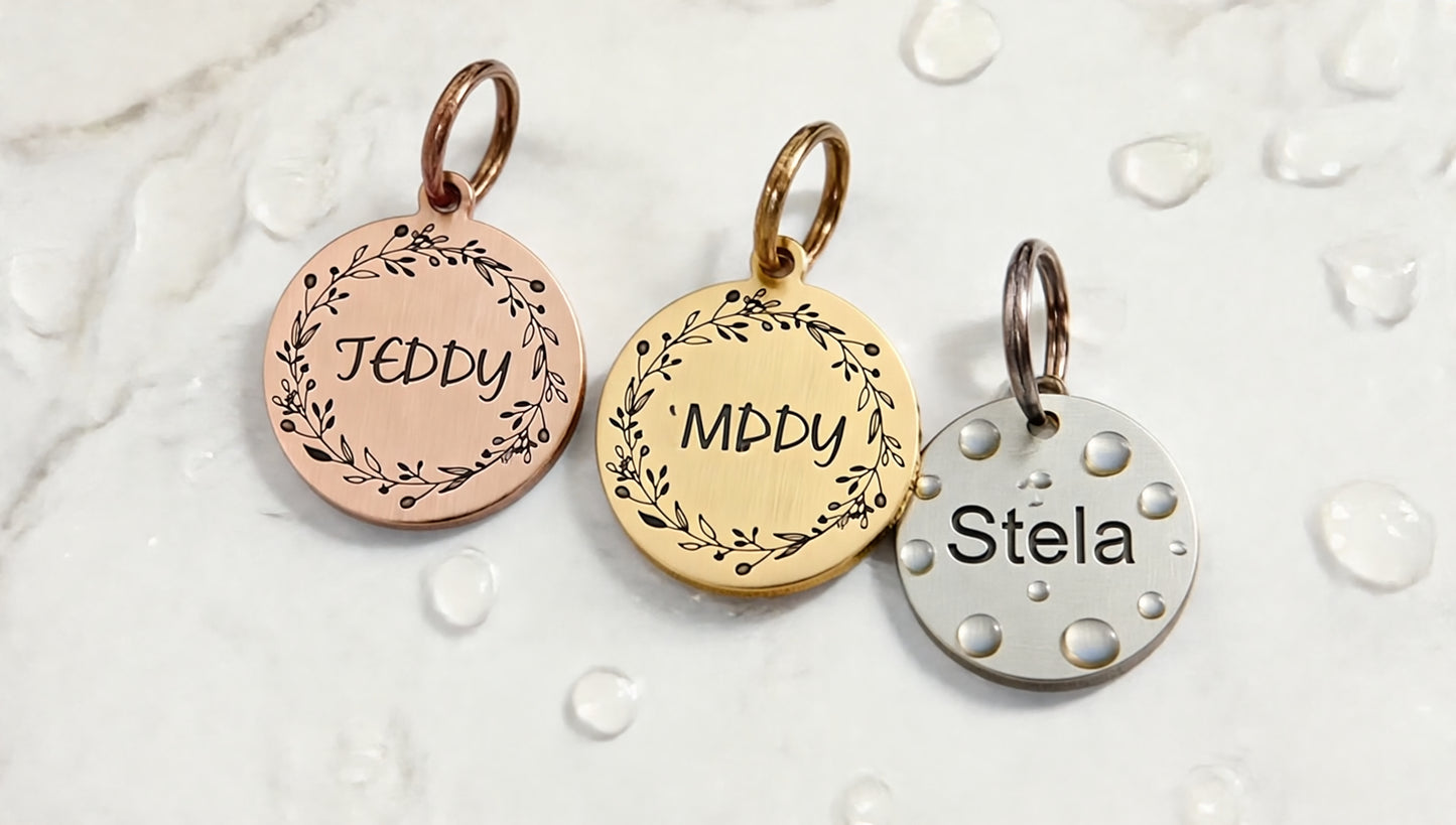 Sucre Tags Double side engraved ID name Flower Design Round Disk personalising engraving pet dog cat tag tags- 5 Colours to choose from