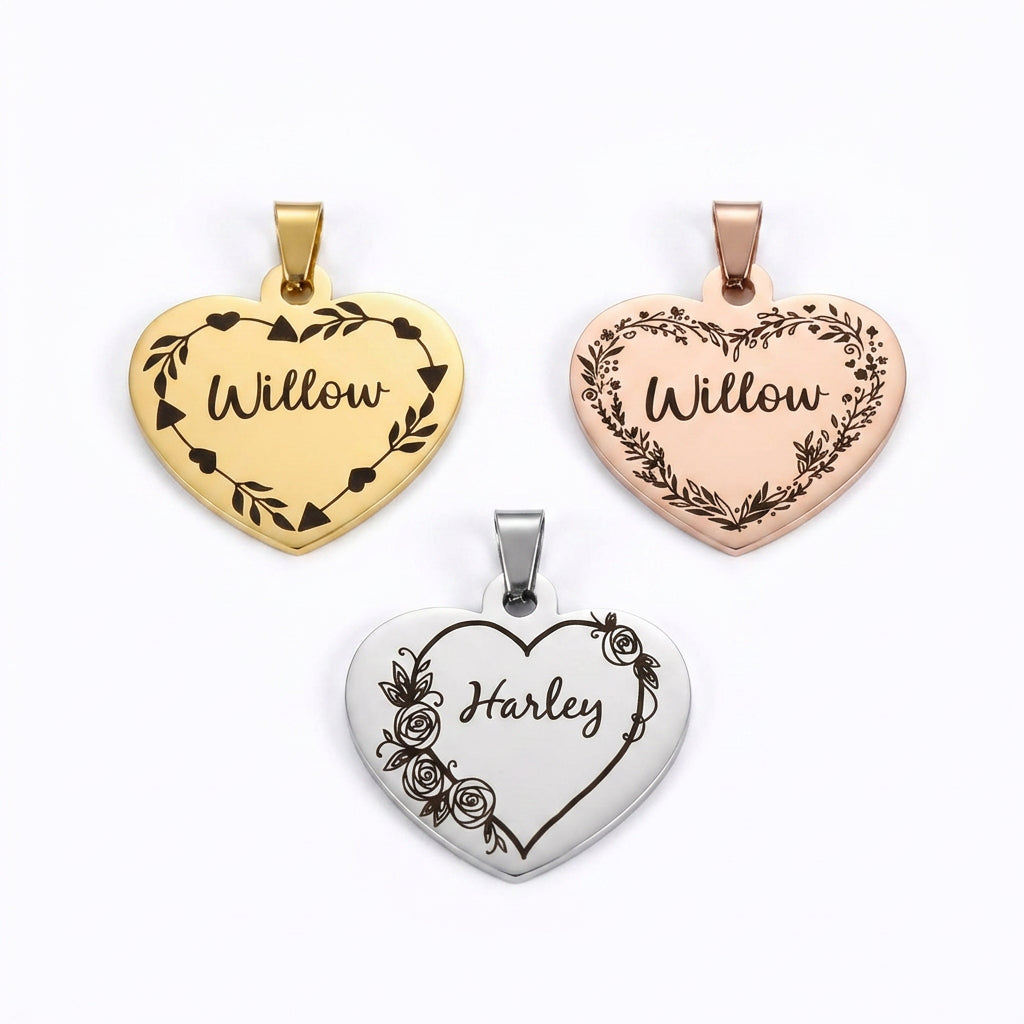 DOUBLE SIDE ENGRAVED THICK HEART ID NAME DISC PERSONALISED PET DOG CAT TAG