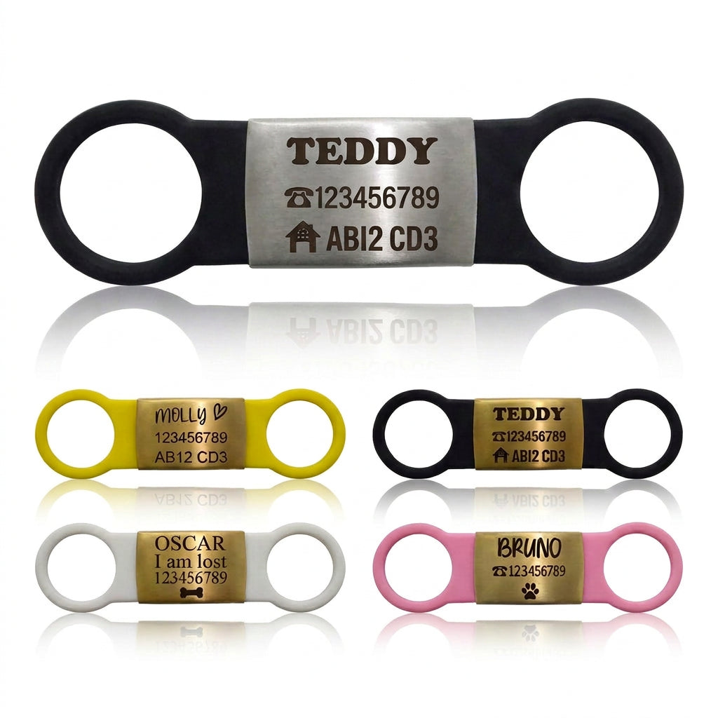SUCRE Laser Engraved Dog Tags and Cat Tag on Steel-Silicone Band Dog Tag, Slide-On Dog Tags for Pets Engraved UK in 6 Colors | Pet ID Tags for Dogs, Dog Accessories & Puppy Accessories