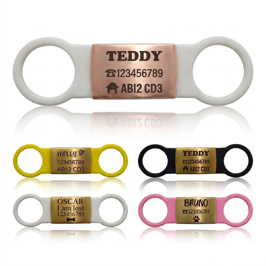 SUCRE Laser Engraved Dog Tags and Cat Tag on Steel-Silicone Band Dog Tag, Slide-On Dog Tags for Pets Engraved UK in 6 Colors | Pet ID Tags for Dogs, Dog Accessories & Puppy Accessories
