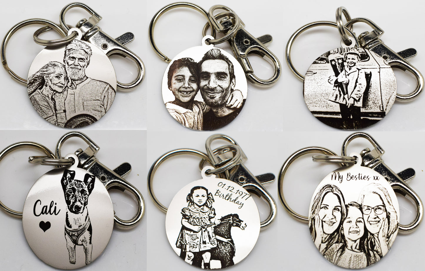 Double side Silver Gift Personalised Keyring design photo engraved Family Love Pet Dog Cat Sketch Draw Style