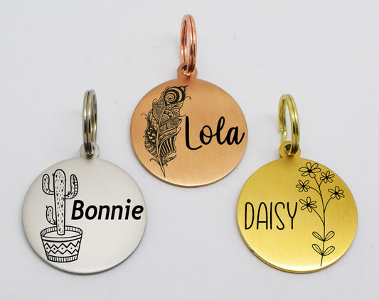 Sucre Tags Double side engraved ID name Flower Cactus Feather Wreath Floral Design Round Disk personalising engraving pet dog cat tag tags