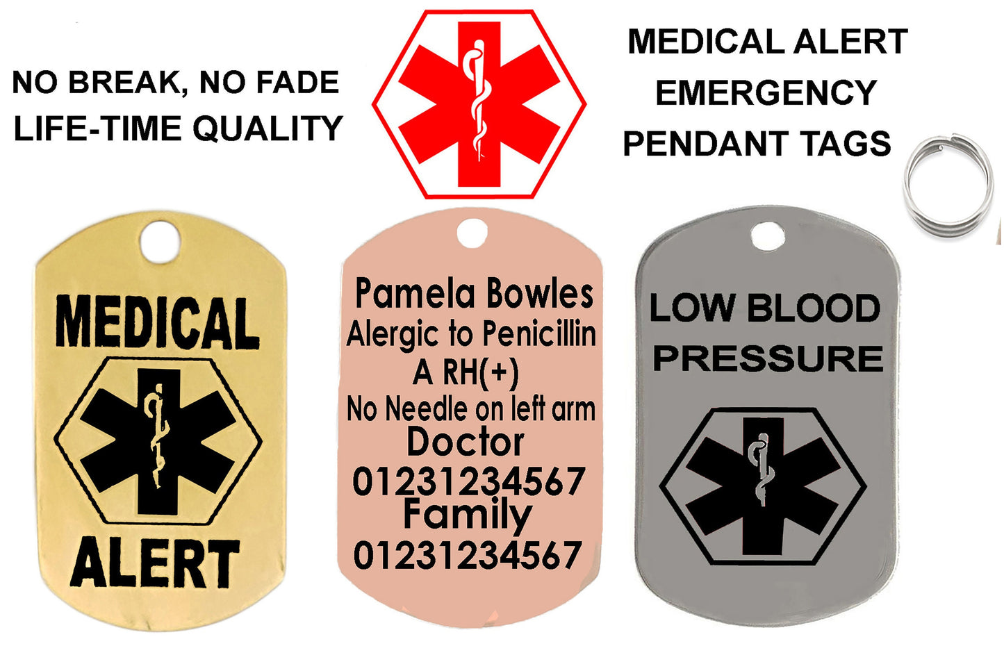 Medical Alert Emergency Double Side Engraved Military Army Pendant Necklace Tag-Laser Engraving