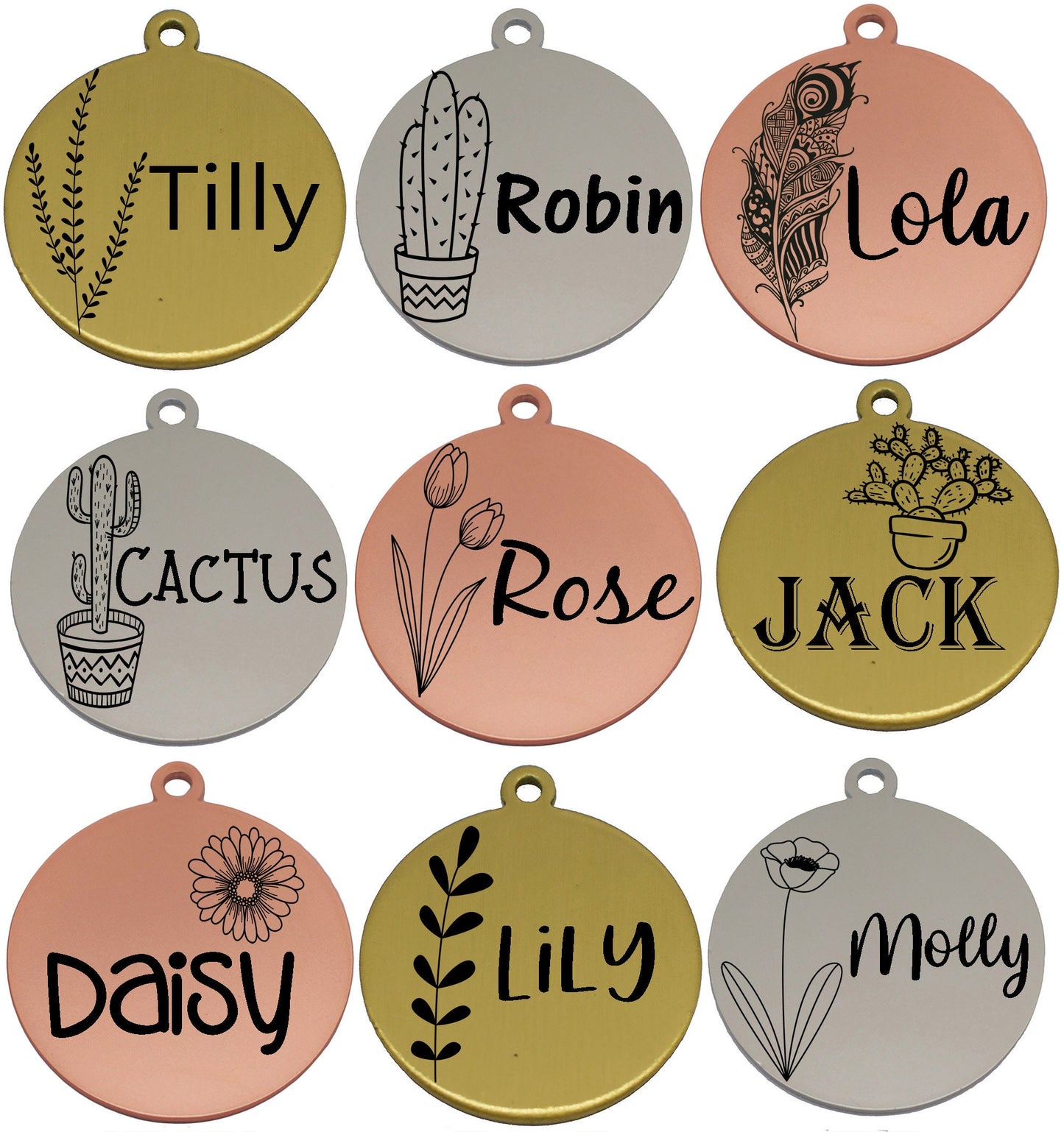 Sucre Tags Double side engraved ID name Flower Cactus Feather Wreath Floral Design Round Disk personalising engraving pet dog cat tag tags