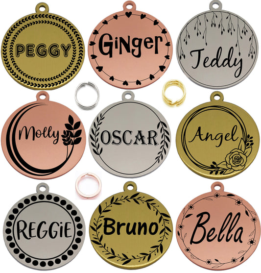 Sucre Tags Double side engraved ID name Flower Wreath Floral Design Round Disk personalising engraving pet dog cat tag tags