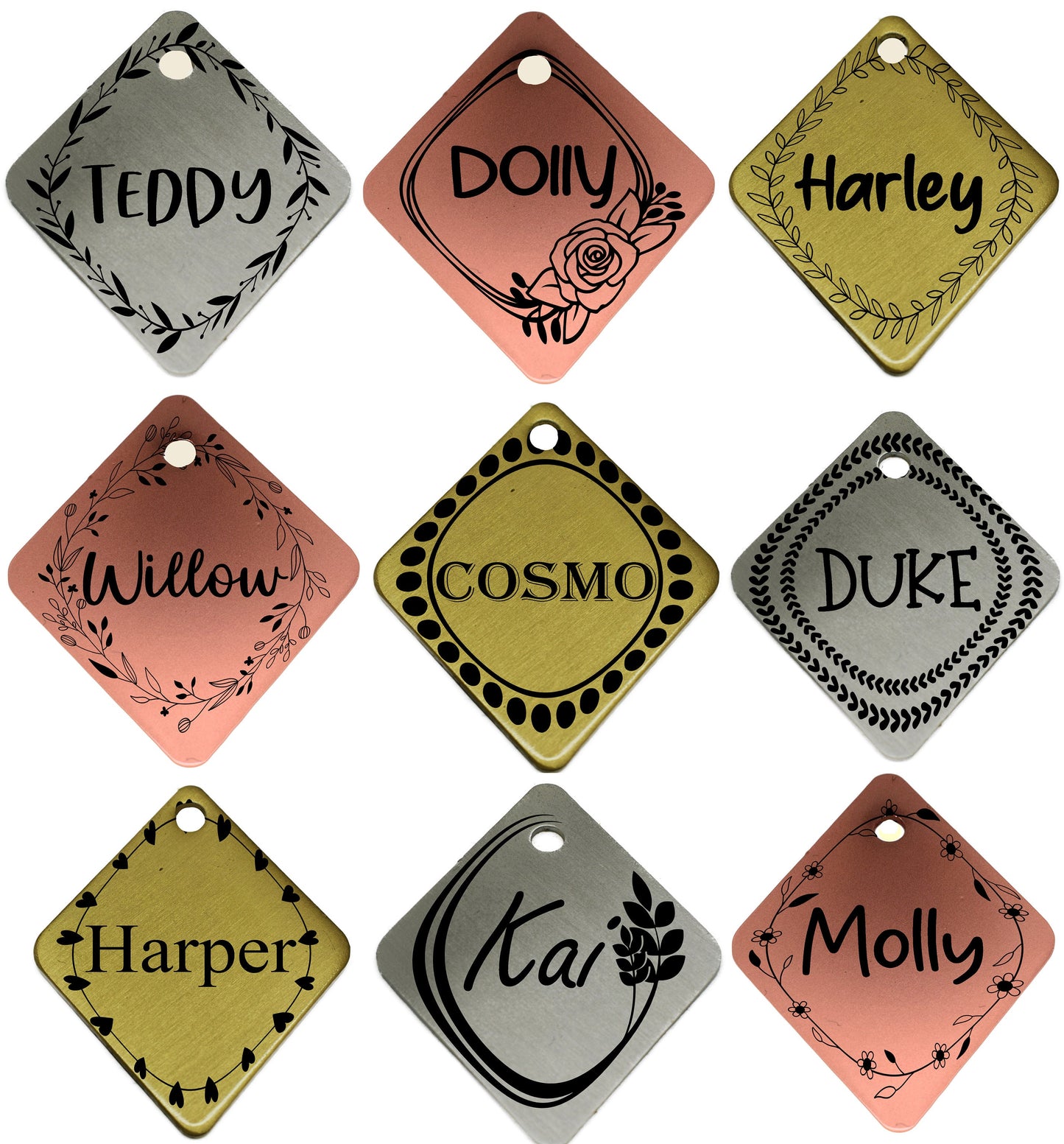 Sucre Tags Double side engraved ID name Flower Wreath Floral Design Diamond Shape Disk personalising engraving pet dog cat tag tags