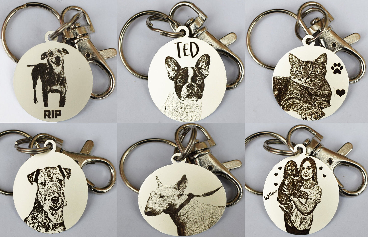 Double side Silver Gift Personalised Keyring design photo engraved dog pet text RIP Sketch Draw Style