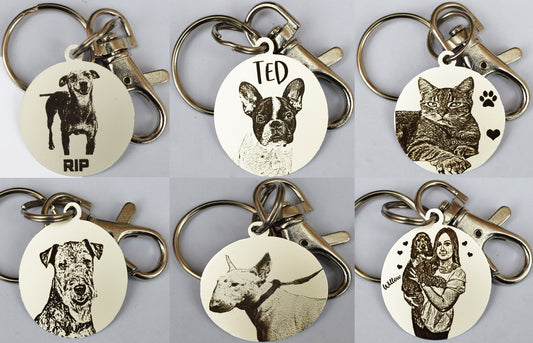 Double side Silver Gift Personalised Keyring design photo engraved dog pet text RIP Sketch Draw Style