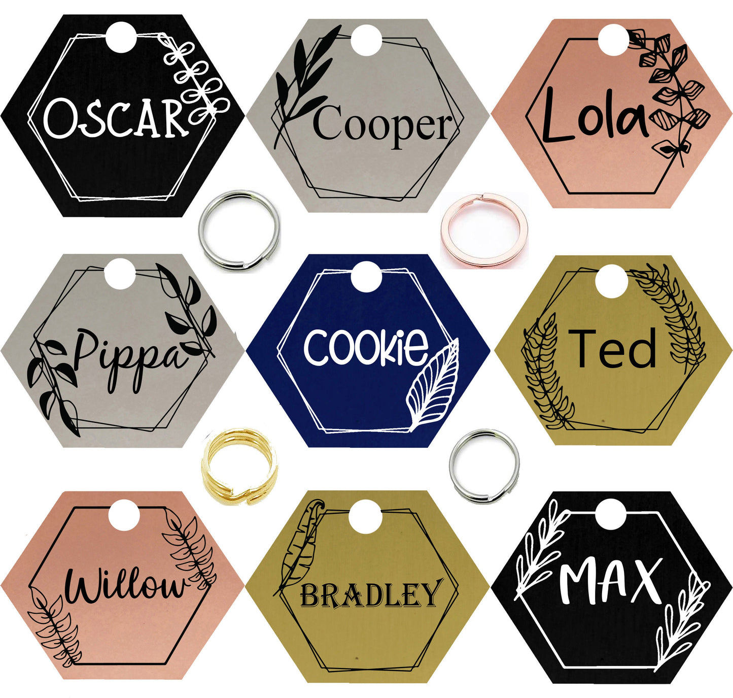 Sucre Tags Double side engraved ID name Hexagon Floral Wreath Flower Design Disk personalising engraving pet dog cat tag tags