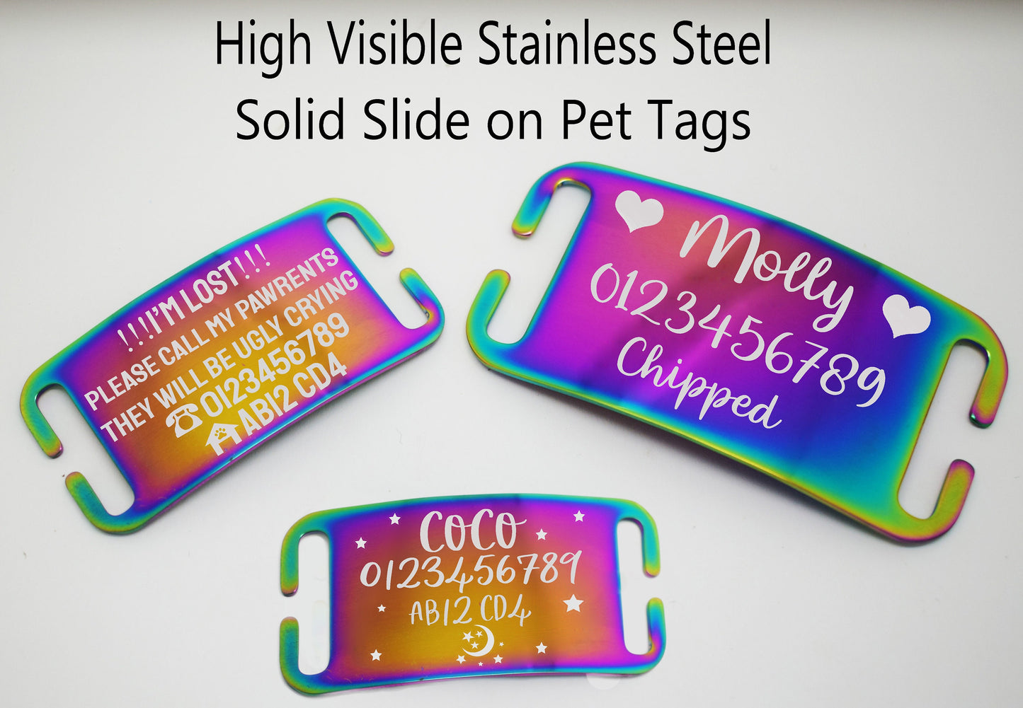 Curved Neon Rainbow High Visible Slide On Collar Rectangle ID Name engraved personalising engraving pet dog cat tag tags-Laser Engraving