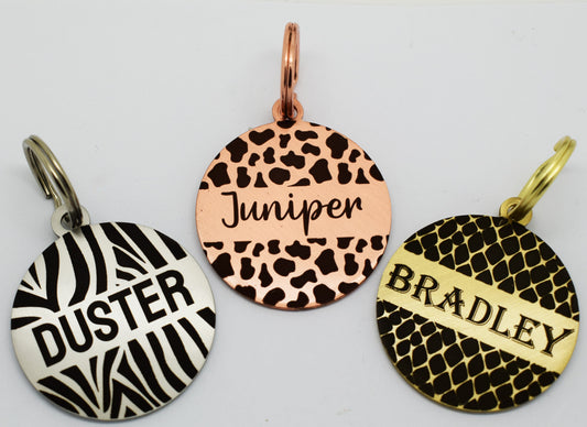 Sucre Tags Double side engraved ID name Animal Print Design Round Disk personalising engraving pet dog cat tag tags