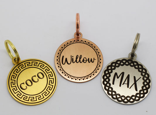 Sucre Tags Double side engraved ID name Greek Knot Rope Wreath Floral Design Round Disk personalising engraving pet dog cat tag tags